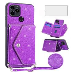 Asuwish Capa de telefone para BLU G91s capa carteira com protetor de tela de vidro temperado e alça transversal cordão Bling Glitter suporte para cartão de crédito acessórios para celular azul G 91s