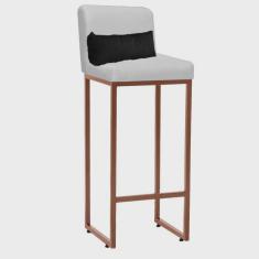 Banqueta Alta com Encosto Lucca Industrial Cozinha Balcão Ferro Bronze Corino Branco e Almofada Cinza - Ahazzo Móveis