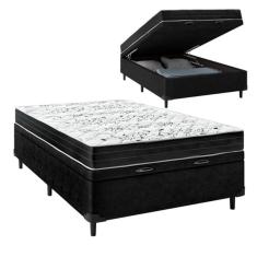 Cama Box Baú Casal Sintético Preto Colchão de Espuma Semi Ortopédica Extra Firme  80kg