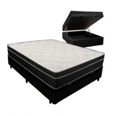 Cama Box Baú Casal 138 Tecido Sintético Preto Com Colchão Paris De Molas Ensacadas Preto 67x138x188