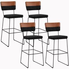 Kit 04 Banquetas Altas Sala Jantar Allana L02 Faixa Couríssimo Camel Linho Chumbo - Lyam Decor