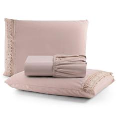 Jogo Cama Lençol Haia Casal Padrão Percal 200 Fios 100% Algodão Guipir Bordado Inglês 3 Peças - Avelã