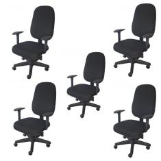 Kit 5 Unidades Cadeira Escritório Secretária Giratória com Braço Regulável em Couro Preto