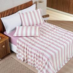 Jogo Cama Lençol Daily King Malha 100% Algodão Listrado 4 Peças - Rosê