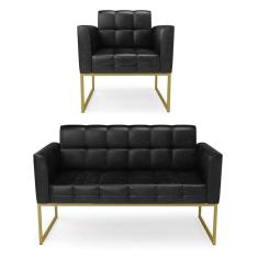Kit 1 Sofá Namoradeira E 1 Poltrona Elisa Corano Preto Base Metálica Industrial Dourado - D`rossi