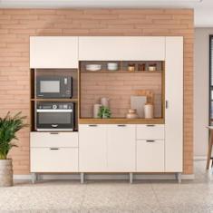 Cozinha Compacta Politorno Mov Lyon MDP com 7 Portas, 2 Gavetas e 1 Prateleira 217 cm de largura - Freijó e Off White