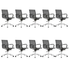 Kit 10 Cadeiras para Escritório Diretor Giratória Aço Cromado Sidney Preto