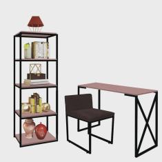 Kit Escritório Bex 1 Cadeira Suede Marrom com 1 Mesa e 1 Livreiro Ferro Preto mdf Rose Rosa - Ahazzo Móveis