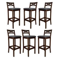 Kit 6 Banquetas Alta Estofada para Bancada Madri Madeira Capuccino Suede Cinza CCS