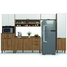 Armário de Cozinha Completa Com Balcão Nicho Para Micro Ondas 11 Portas 5 Gavetas Paris Nogal/Branco Batrol