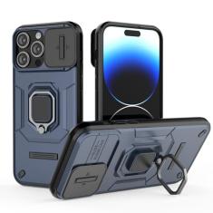 SORAKA Capa para iPhone 14 Pro com suporte de anel e capa de câmera deslizante para iPhone 14 Pro com placa de metal para suporte magnético de carro, capa protetora de camada dupla em policarbonato