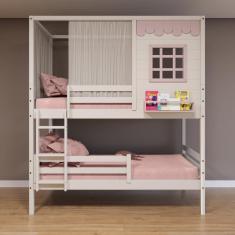 Beliche Casinha Reta Com Grade Removível E Cortina Madeira Maciça Branco/ Rosa Housin