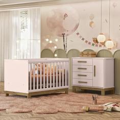 Quarto de Bebê Qencanto Slim com Cômoda 4355 e Berço Mini Cama 4315 Qmovi Rosa Acetinado