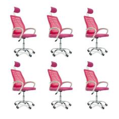 Kit 6 Cadeiras Escritório Diretor Tela Mesh Com Encosto De Cabeça Rosa