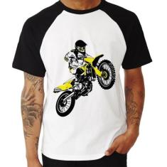 Camiseta Raglan Motocross Jump - Foca na Moda, Branco, Preto, GGG