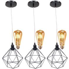 3 Pendentes Aramado Diamante Lustre Cabo Cristal Preto + 3 Lâmpadas Led ST64 Vintage Retrô