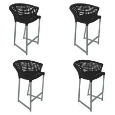 Kit 4 Banquetas Reis Em Corda Náutica E Base Em Alumínio Cinza Para área Gourmet Externa Preta Preto