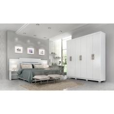 Quarto De Casal Com Guarda Roupas 6 Portas E Cabeceira Extensível Panan Móveis Branco Branco