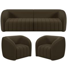 Kit Sofá 05 Lugares Para Sala 332 Cm Com 02 Poltronas Lazio M03 Veludo Marrom - Lyam Decor
