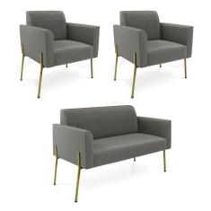 Sofá Namoradeira E 2 Poltronas Pé De Ferro Dourado Marisa Suede Grafite D03