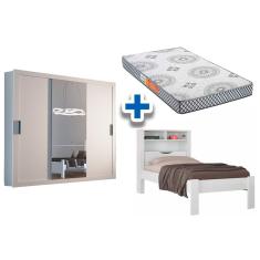Cama Solteiro Invicta + Pérola Polar + Guarda Roupa Veneza Luxo Branco