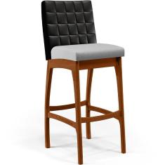Banqueta Alta para Cozinha Sala de Jantar Mila B04 Assento em Linho Estrutura Madeira Encosto Fixo Preto Cinza