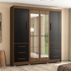 Guarda Roupa Casal Com Espelhos 4 Portas 6 Gavetas Estrela Marafon Móveis Nogueira/preto