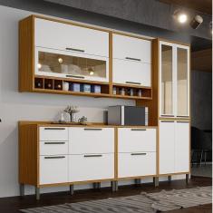 Cozinha Modulada Completa Com 5 Peças 11 Portas E Vidro Reflecta 100% Mdf Vicenza Espresso Móveis Amêndoa-branco