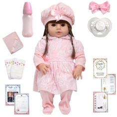Boneca Estilo Reborn Bonita Olhos Castanhos Kit 13 Itens - Cegonha Reb