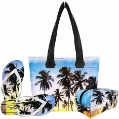 Kit Praia Feminino Coqueiros com Bolsa, Necessaire e Chinelo Magicc Bolsas KIT-143