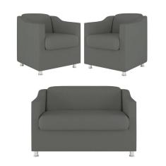 Kit Sofá Namoradeira + 02 Poltrona Tilla Recepção Sala Suede cinza