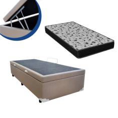Cama Box Baú Solteiro Colchão Espuma D33 Bordado + Box Bege Sintético 53x88x188