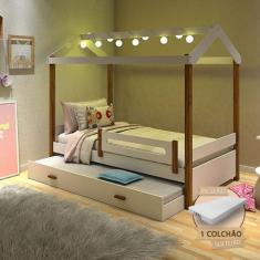Cama Solteiro com Auxiliar e Led Casinha Montessoriana Eliz Branco/mel