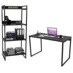 Conjunto Escritório Estilo Industrial Mesa 135cm e Estante 60cm 4 Prat