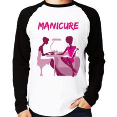 Camiseta Raglan Manicure Manga Longa - Foca na Moda, Branco, Preto, P