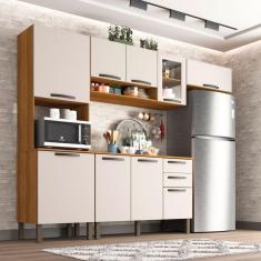 Cozinha Compacta Valencia Com Vidro 4 Peças 9 Portas 2 Gavetas Salleto Moveis Cinamomo Com Off White