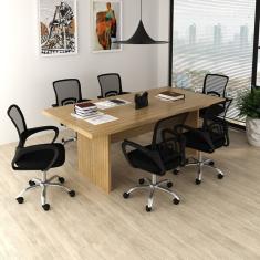 Kit 7 Peças com Uma Mesa de Reunião e 6 Cadeiras de Escritório Tela Mesh Espresso Móveis Amêndoa/Preto