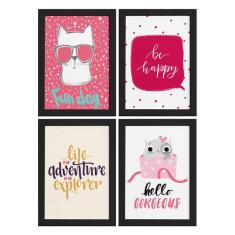 Quadros com Frases Happy Cat Moldura Preta 22x32cm 4un - Quartinhos