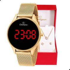 Relógio Champion Feminino Dourado Digital Led Vermelho Ch40133v Colar