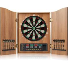 Jogo de dardos, conjunto de gabinete decorativo para dardos [12 * dardos de ponta macia], alvo de dardos eletrônico, portas de armário de madeira com placar integrado para salas de jogos fam