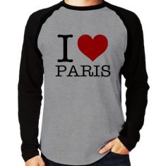 Camiseta Raglan I love Paris Manga Longa - Foca na Moda, Cinza, Preto,