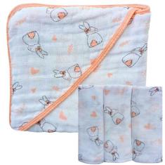 Kit 1 Toalha de Banho Bebê Soft C/Capuz De Fralda 3 camadas + 3 Fralda