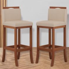 Kit 2 Banquetas Alta Encosto Estofado 38x102 Cm Turim Madeira Maciça Pinhão Suede Bege CCS