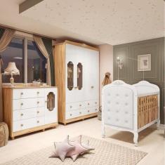 Quarto de Bebê com Guarda-Roupa Cômoda e Berço com Capitonê 100% MDF M