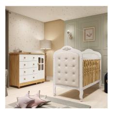 Quarto de Bebê com Cômoda 1 Porta com Janela e Berço Capitonê 100% MDF Maya Clássico Espresso Móveis Branco Brilho/Amêndoa/Branco