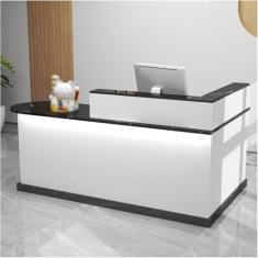 Mesa de recepção moderna com luzes e gavetas trancáveis, balcão de caixa em L, mesa de recepção de computador de madeira, mesa de recepção pequena, para escritório de checkout, salão de beleza/saguão,