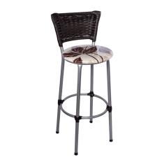 Banqueta Alta Prata com Encosto Junco Argila Assento Floral Marrom