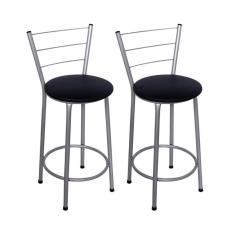Kit 2 Banquetas Altas Prata com Encosto Assento Preto