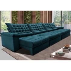 Sofá Retrátil e Reclinável 3,55m Molas Ensacadas Cama Inbox Big Space com Bordado 3d Velusoft Petróleo