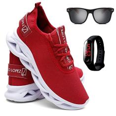 Kit Tênis Masculino de Corrida e Caminhada + Óculos de Sol Madeirado e Relógio - Vermelho/37